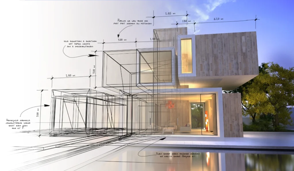 ภาพบ้านสไตล์โมเดิร์นสองชั้น พร้อมภาพร่างสถาปัตยกรรมก่อสร้างแบบ 3D
