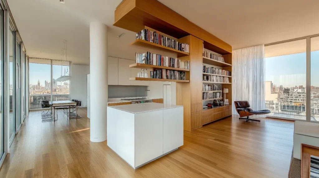 ภาพตัวอย่างงานบิ้วอินตกแต่งภายใน ห้องนั่งเล่นและครัวแบบเปิด