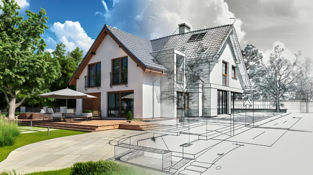 บ้านเดี่ยวสมัยใหม่ผสมแบบร่างสถาปัตยกรรม แสดงแนวคิดการออกแบบบ้านจากภาพ 3D